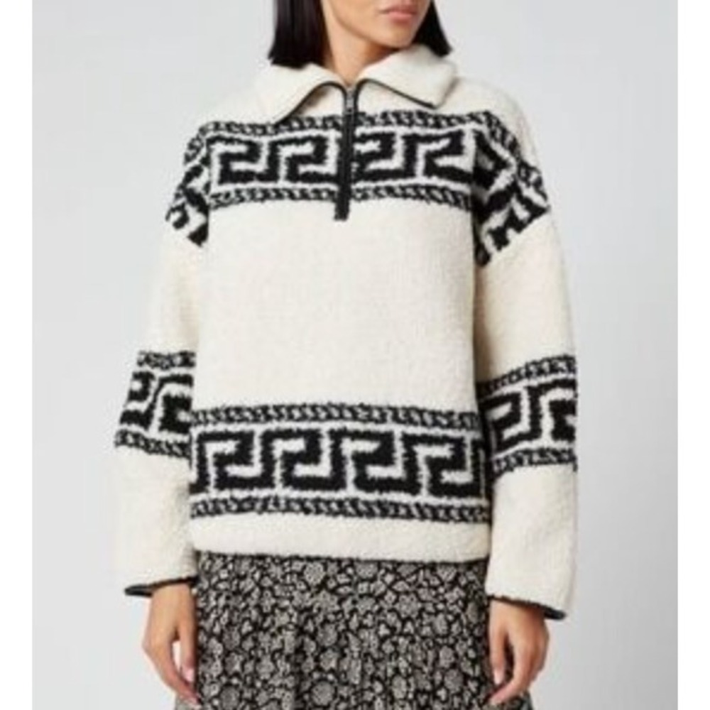 Isabel Marant Etoile Garner Sherpa Fleece Half Zip Pullover Ecru Cream Black 36